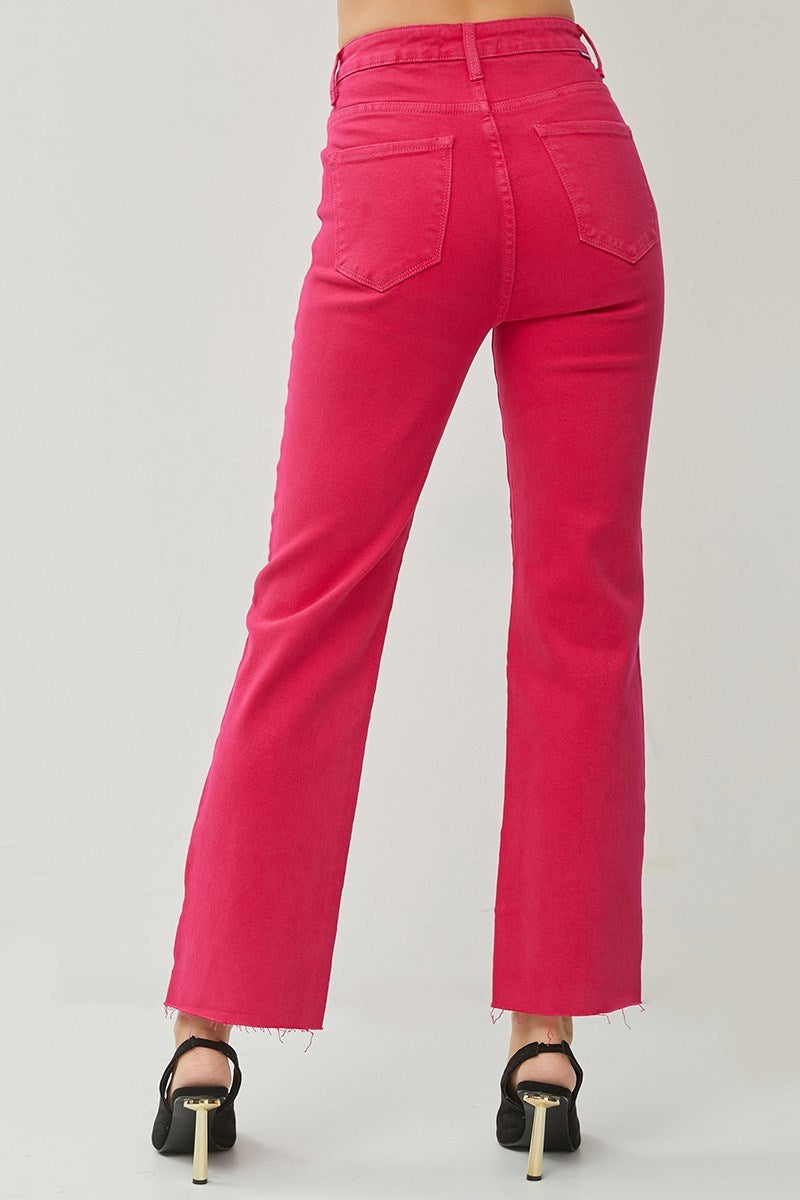 Back view of Risen Felicity high rise tummy control jeans in fuchsia, featuring a straight cut and frayed hem.