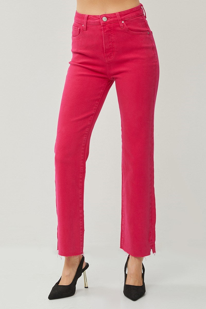 Risen Felicity high rise tummy control jeans in fuchsia, featuring a straight cut and stylish side slit.