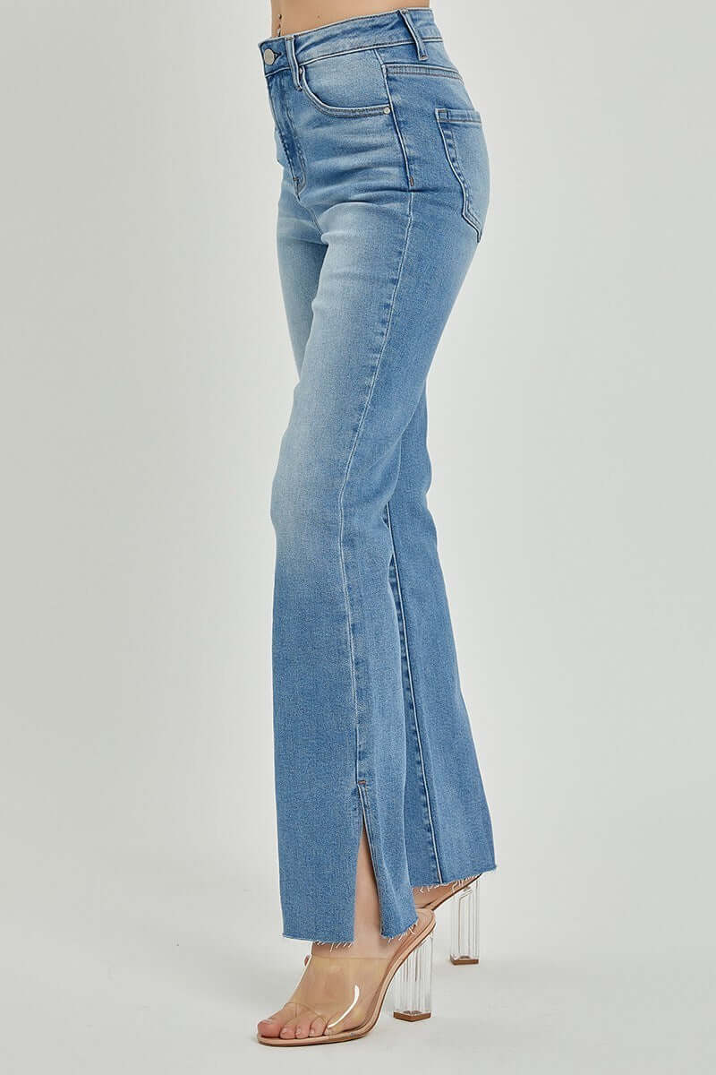 SHILO bootcut jeans by Risen featuring high rise, split hem, and medium wash for a stylish denim look.