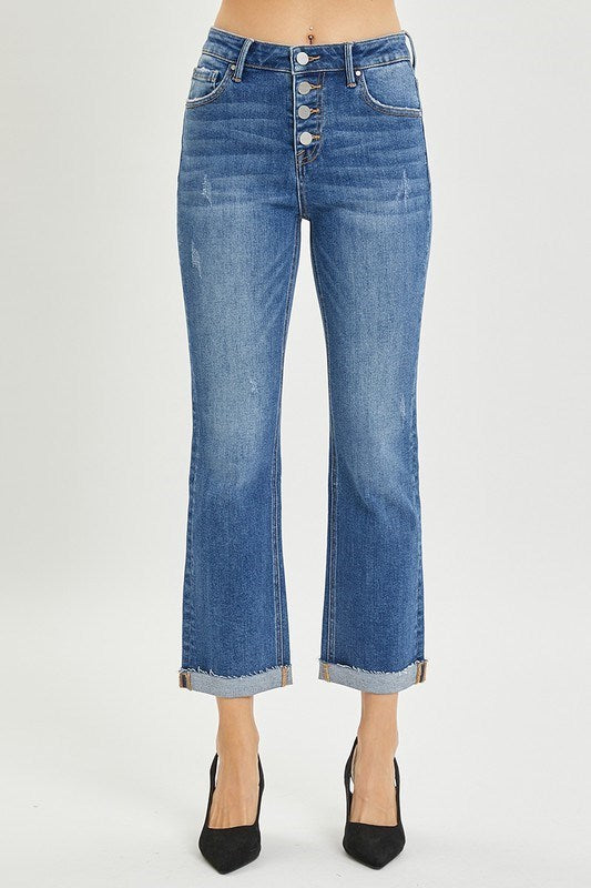 Risen Josie Jeans, high-rise button fly straight leg denim, showcasing cropped bootcut style and retro chic design.