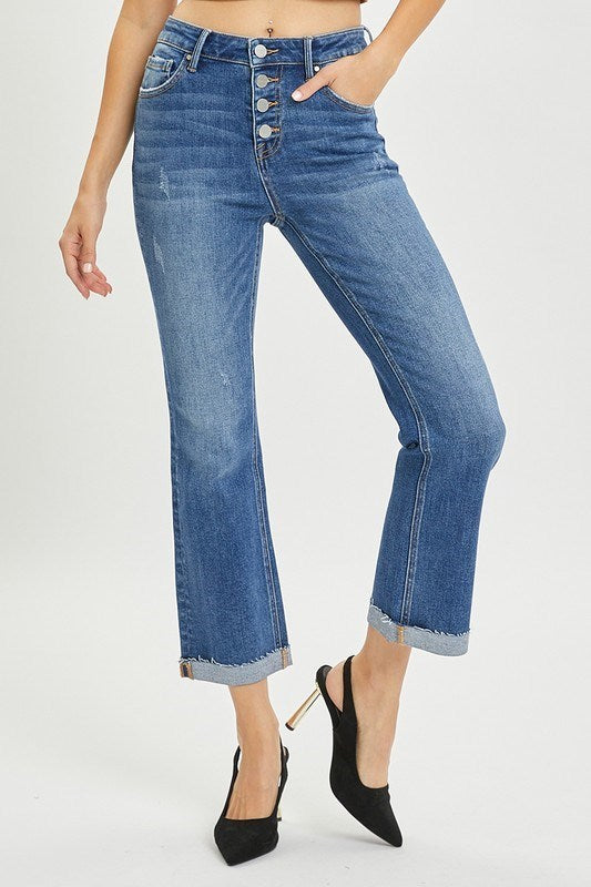 High Rise Button Fly Risen Josie Jeans with Cropped Bootcut Style Displayed on Model.