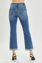 Back view of RISEN JOSIE JEANS with high rise and straight leg, showcasing stylish cropped bootcut design and button fly closure.