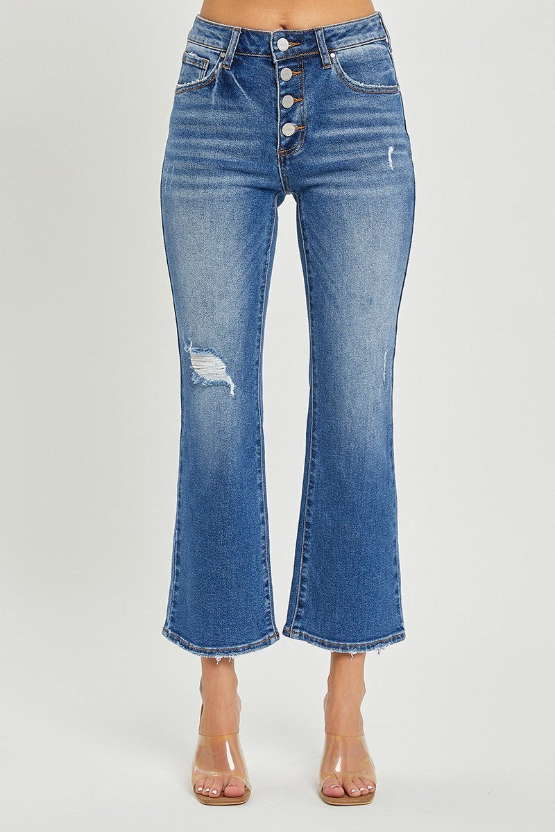 Risen Kelsey Midrise Button Down Cropped Flare Jeans for stylish comfort in blue denim.