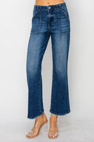 ALIZA JEANS by Risen, high-rise flare patch pocket denim in a stylish blue wash, perfect blend of comfort and retro vibes.