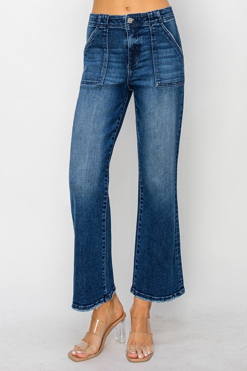 ALIZA JEANS by Risen, high-rise flare patch pocket denim in a stylish blue wash, perfect blend of comfort and retro vibes.