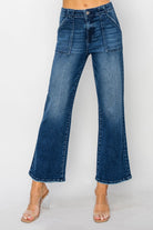 ALIZA JEANS by Risen featuring high-rise flare design and front patch pockets in blue denim.