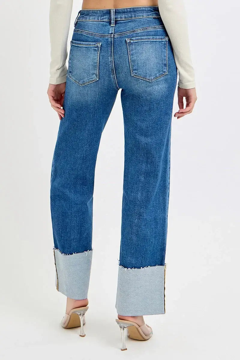 Back view of RISEN GIANNA JEANS showcasing the wide cuff design and relaxed fit for a stylish look.