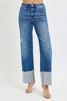 Risen Gianna Jeans showcasing a high rise ankle wide cuff design, perfect for an elevated casual look.