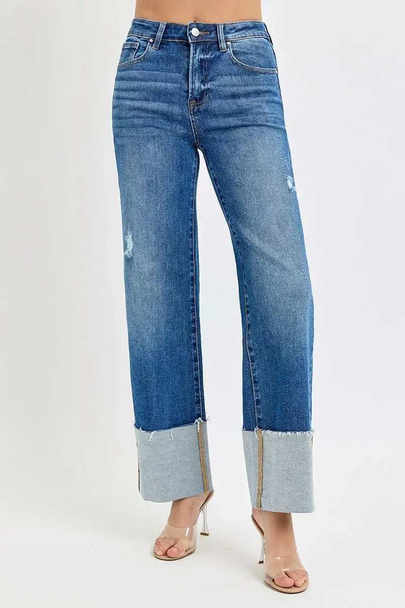 Risen Gianna Jeans showcasing a high rise ankle wide cuff design, perfect for an elevated casual look.