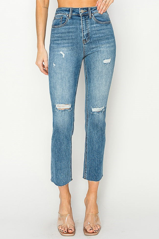 Risen Celeste High-Rise Distressed Slim Straight Jeans in medium blue wash with rips, perfect for stylish, comfortable outfits.