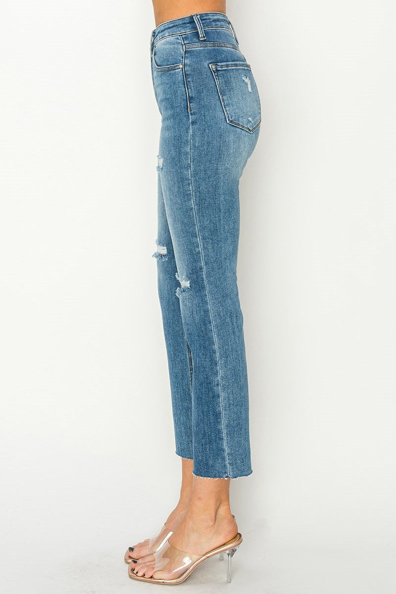 Side view of Risen Celeste High-Rise Distressed Slim Straight Jeans, showcasing modern style and flattering fit.