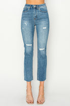 Celeste high-rise distressed slim straight jeans by Risen, showcasing a modern and stylish denim design.