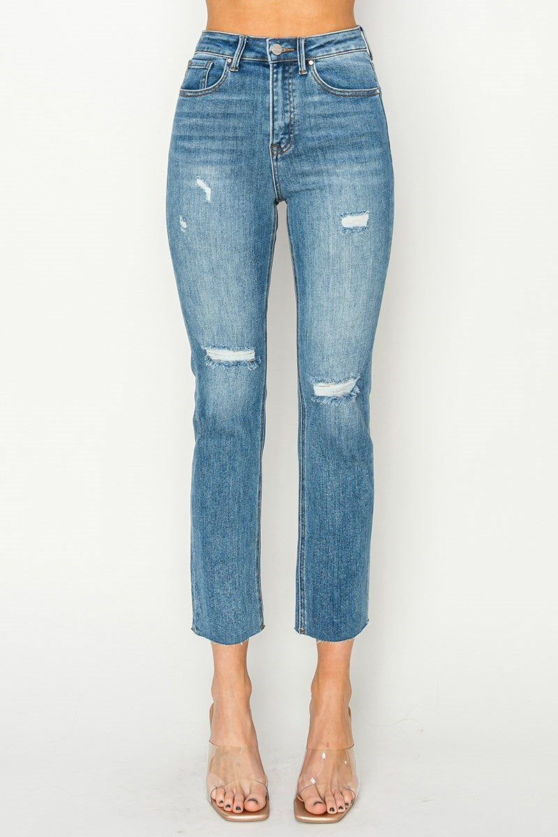 Celeste high-rise distressed slim straight jeans by Risen, showcasing a modern and stylish denim design.