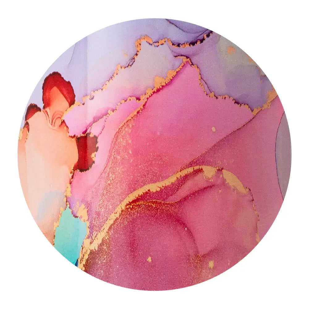 Close-up of the Dreamsicle Tumbler's vibrant pink and aqua swirled design with golden accents.