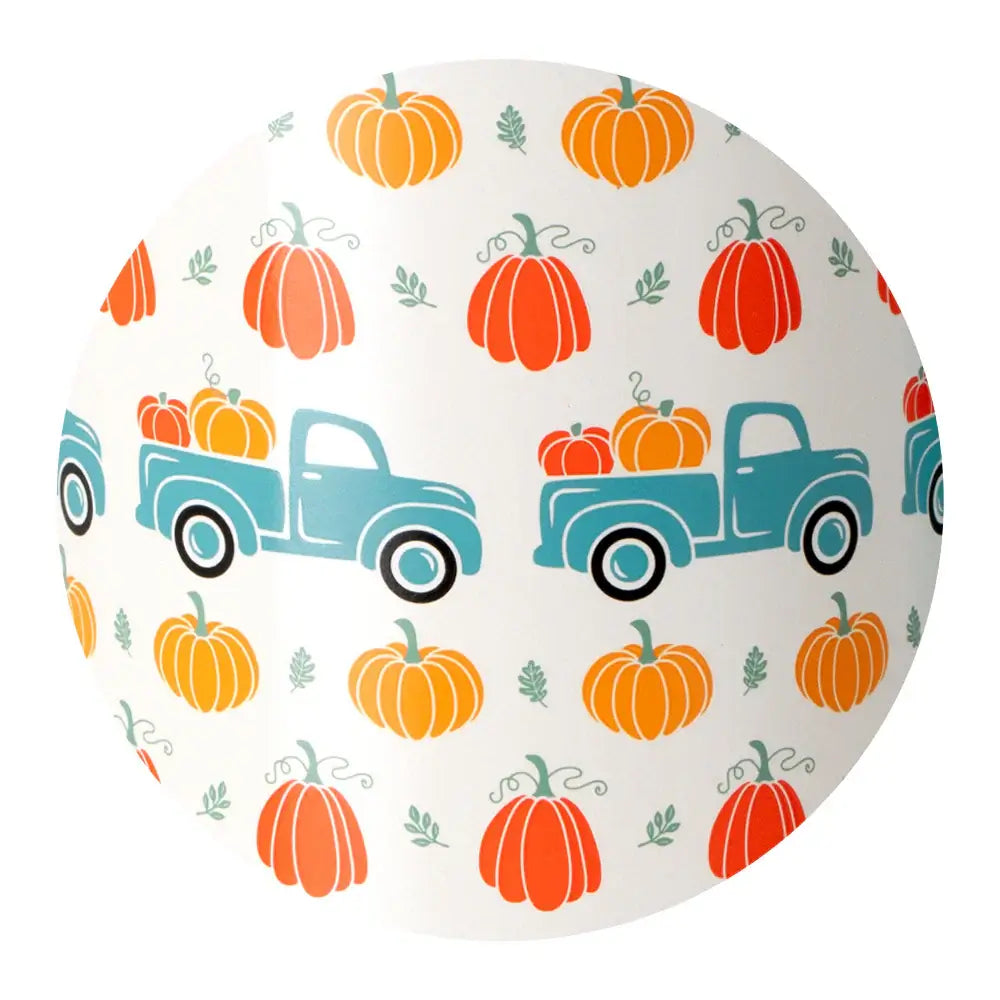 Colorful vintage truck design with pumpkins on a white background, perfect for fall decor.