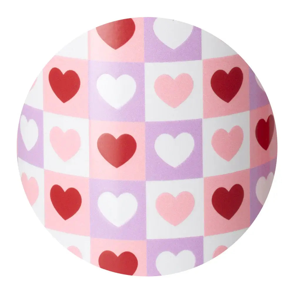 CHECK YES PARTY CUP- SWIG featuring a cute checkered design with hearts on a glitter white background.