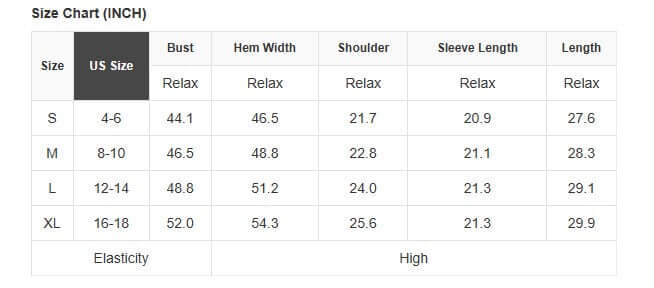 Size chart for jacket featuring bust, hem width, shoulder, sleeve length, and length measurements for sizes S to XL in inches.