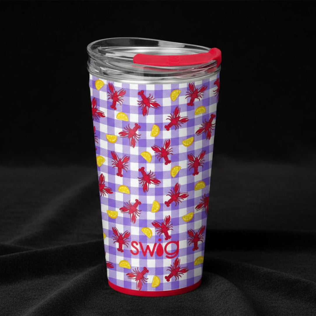 LET THE GOOD TIMES BOIL - 22 OZ TRAVEL MUG - Swig featuring vibrant crawfish and lemon print on insulated cup.