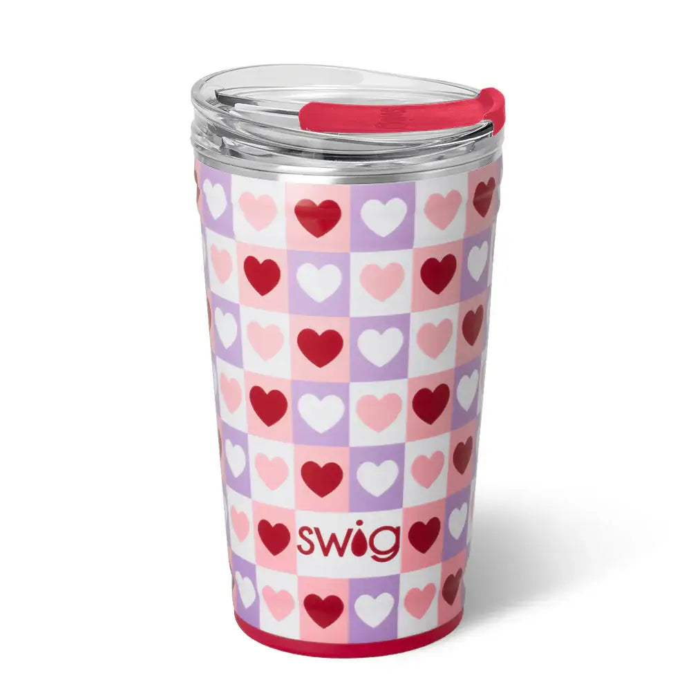 CHECK YES PARTY CUP- SWIG featuring a checkered heart design on a glitter white background, perfect for parties.
