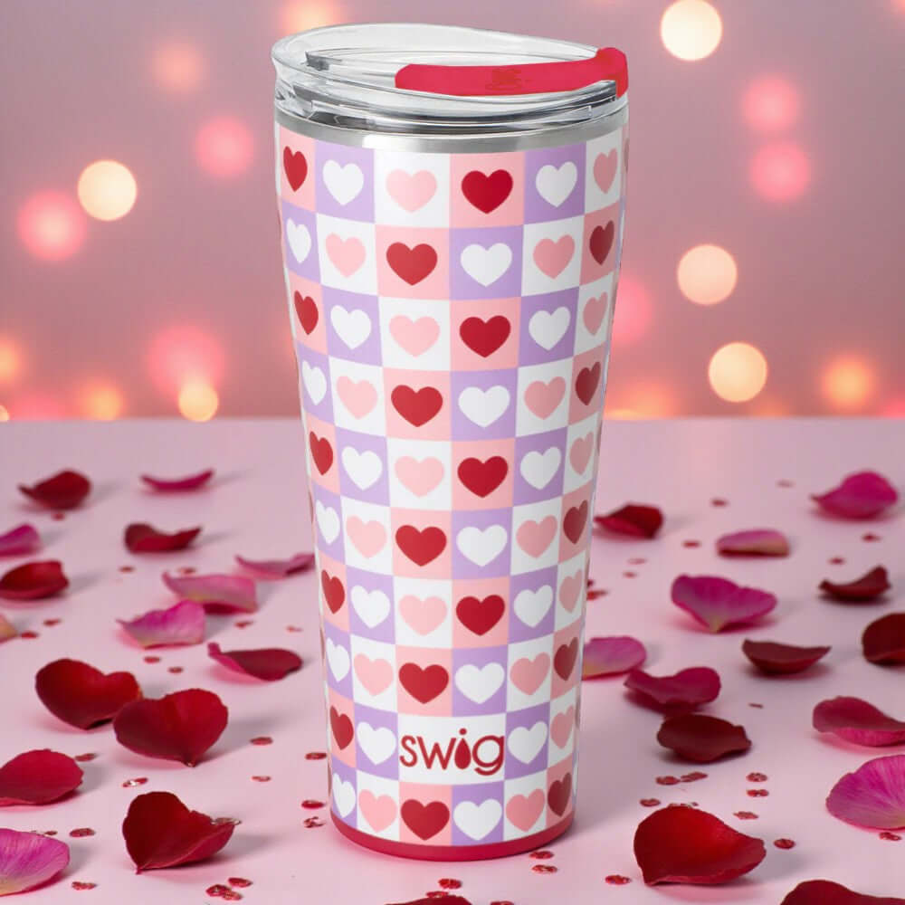 CHECK YES TUMBLER- SWIG featuring a checkered design with hearts on a glitter white background.