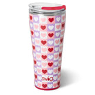 CHECK YES TUMBLER- SWIG with hearts design on a glitter white background, perfect for Valentine's Day.