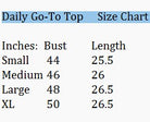 Daily Go-To Top size chart showing bust and length measurements for Small, Medium, Large, and XL.