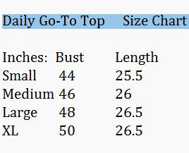 Daily Go-To Top size chart showing bust and length measurements for Small, Medium, Large, and XL.