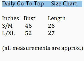 Size chart for DAILY GO-TO TOP - Andree' showing measurements for S/M and L/XL sizes.