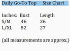 Size chart for DAILY GO-TO TOP - Andree' showing measurements for S/M and L/XL sizes.