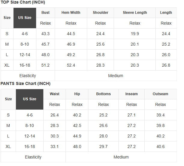 Size chart for TEAL TIDES 2 PIECE PANTS SET including measurements for tops and pants.