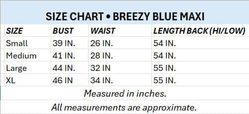 Size chart for Breezy Blue Maxi dress, displaying bust, waist, and length measurements in inches.