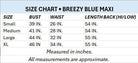 Size chart for Breezy Blue Maxi dress by BomBom showing bust, waist, and length measurements.