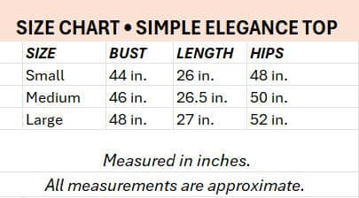 Size chart for Simple Elegance Blouse detailing measurements for Small, Medium, and Large sizes.