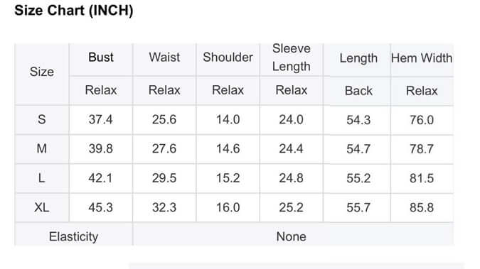 Size chart for TROPICAL SENSATION DRESS with bust, waist, shoulder, sleeve length, length, and hem width measurements.