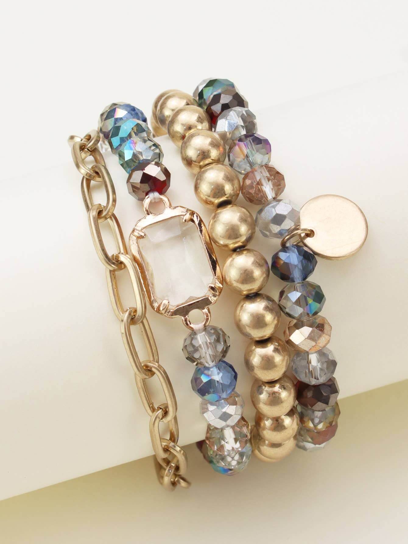 Prism Collection 4-piece bracelet set with metallic, faceted beads in pastel and vibrant colors.