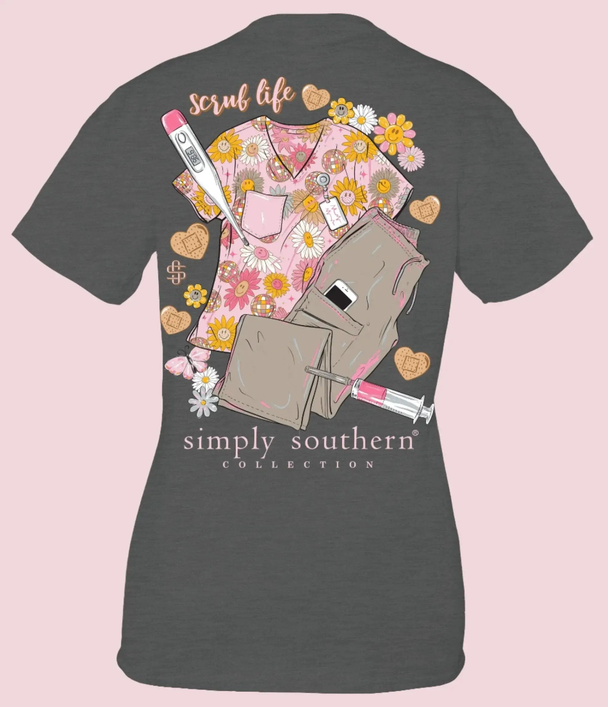 Simply Southern Scrub Life Tee featuring a floral design and medical accessories on a gray background.