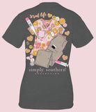 Simply Southern Scrub Life Tee with colorful scrub print, celebrating healthcare professionals. Cozy blend of cotton and polyester.