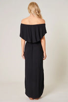 Back view of the Midnight Flow Maxi Dress by SugarLips, featuring off-shoulder style and elastic waist.