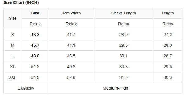 Size chart for SUNKISSED STYLE JACKET showing detailed measurements for sizes S to 2XL in inches.