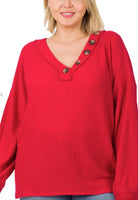 Oversized ruby red waffle knit top by Zenana with button detail and comfortable fit.