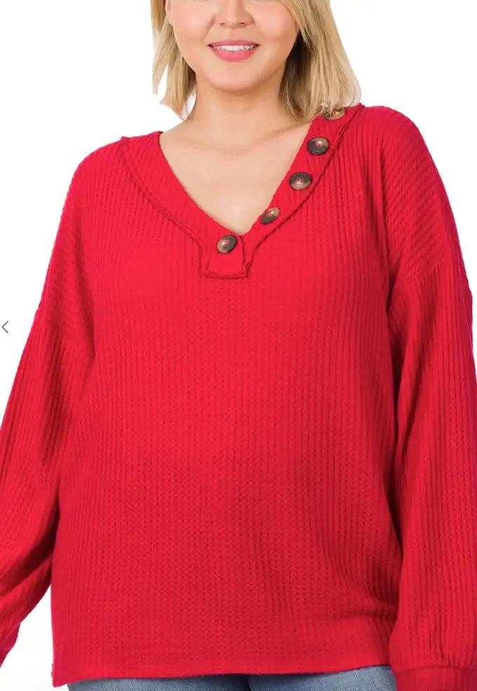 Oversized ruby red waffle knit top by Zenana with button detail and comfortable fit.