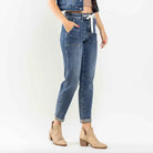 Model wearing Judy Blue Janie Plus Size Joggers, showcasing medium wash, high-rise fit, and casual style.