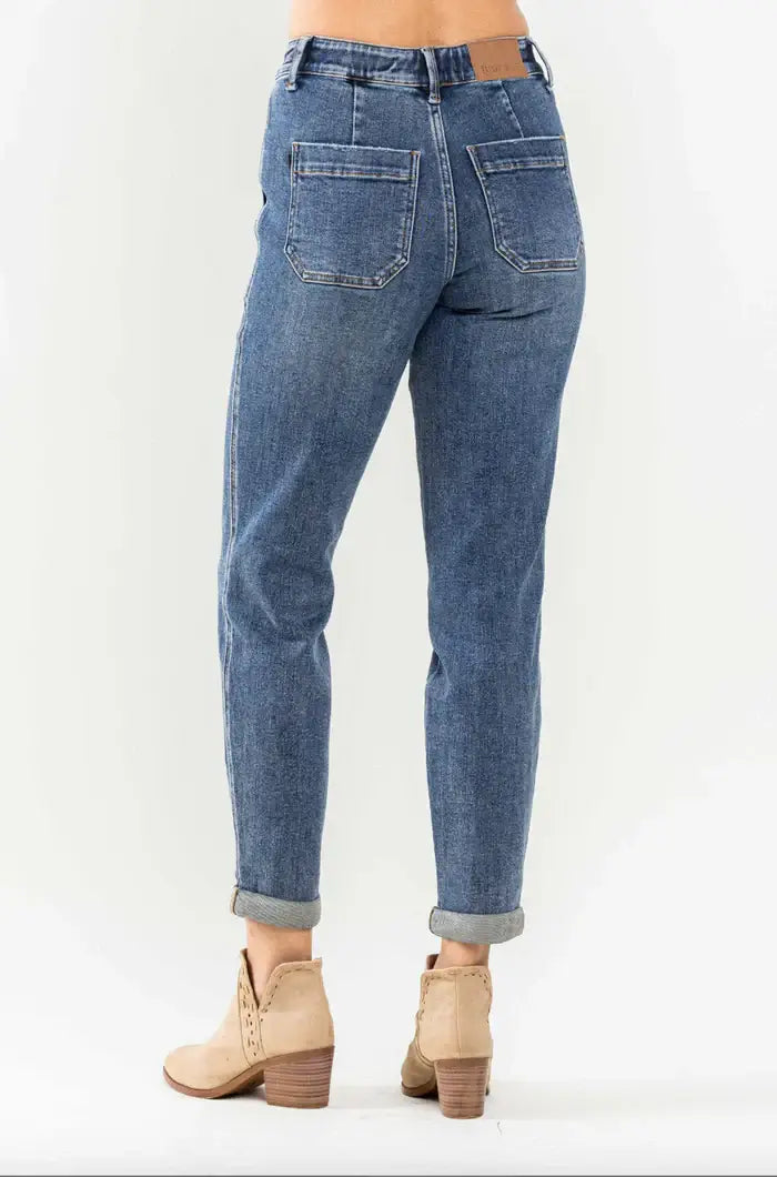 Back view of Judy Blue Jane plus size joggers in medium dark wash with cuffed hems and elastic drawstring waist.