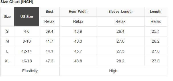 Size chart for Vanilla Skye top showing US sizes S to XL with measurements for bust, hem width, sleeve length, and total length.