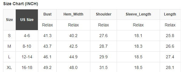 Size chart displaying measurements for sizes S to XL including bust, hem width, shoulder, sleeve length, and overall length in inches.