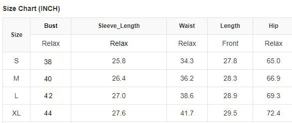 Size chart for CENTER SAGE DRESS with bust, sleeve length, waist, front length, and hip measurements for sizes S-XL in inches.