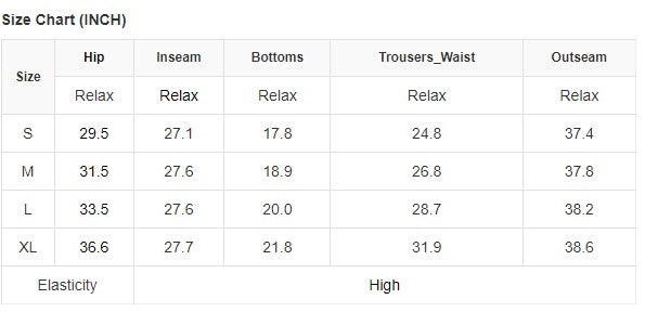 Leggings size chart in inches, showing hip, inseam, bottoms, trousers waist, and outseam measurements for sizes S to XL.