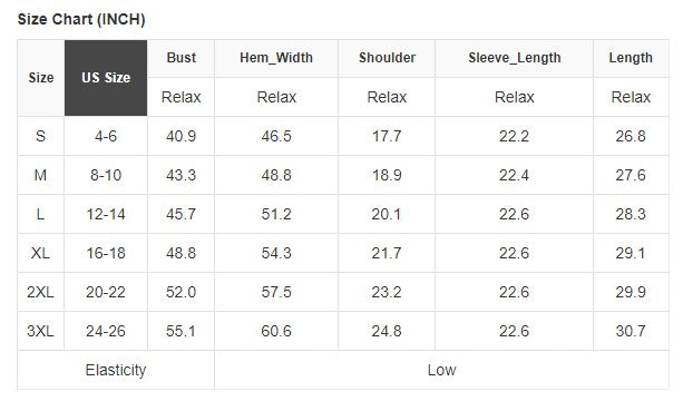 Size chart for Autumn Breeze Top with US sizes, bust, hem width, shoulder, sleeve length, length, and low elasticity details.