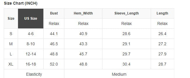 Size chart for Upward Trends Top, showing US sizes S to XL with bust, hem width, sleeve length, and length dimensions in inches.