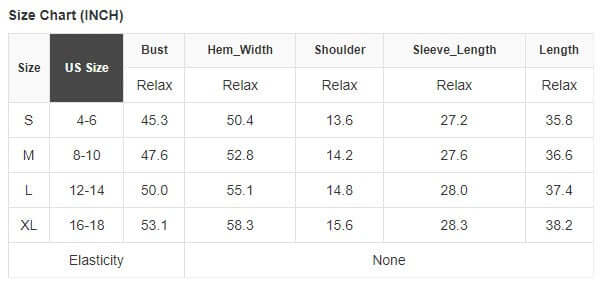 Size chart for dress with bust, hem, shoulder, sleeve, and length measurements in inches for sizes S to XL.